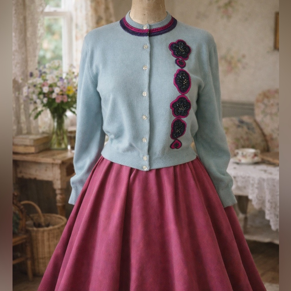 Vintage 1950s Light Blue Wool Cashmere, Floral, Beaded Cardigan Sweater